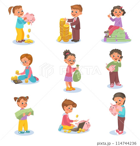 Kids with money. Children financial literacy. Little economists. Boys and girls with coins and banknotes. Piggy bank for savings. Baby counting or investing currency. Splendid vector set Kids with money. Children financial literacy. Little economists. Boys and girls with coins and banknotes. Piggy bank for savings. Baby counting or investing currency. Splendid vector set 114744236