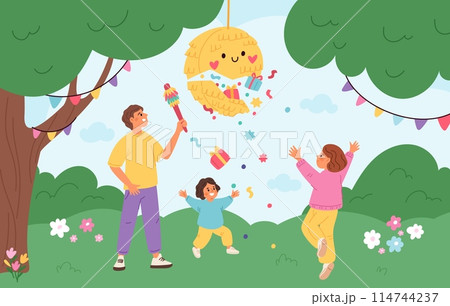 Kids with pinata. Father helps children develop paper decoration with gifts or confetti. Birthday celebration party entertainment. Toy hanging on tree. Nature meadow. Garish vector concept Kids with pinata. Father helps children develop paper decoration with gifts or confetti. Birthday celebration party entertainment. Toy hanging on tree. Nature meadow. Garish vector concept 114744237