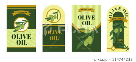 Labels for olive oil. Natural organic products. Stickers for cans and packages. Extra virgin. Cooking and dressing salads. Branch with green fruits. Vegan ingredient. Garish vector set Labels for olive oil. Natural organic products. Stickers for cans and packages. Extra virgin. Cooking and dressing salads. Branch with green fruits. Vegan ingredient. Garish vector set 114744238