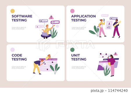 Mobile application testing. Landing page. Checking program code for errors. App software. People looking for digital bugs. IT specialists. Website design template. Garish vector set Mobile application testing. Landing page. Checking program code for errors. App software. People looking for digital bugs. IT specialists. Website design template. Garish vector set 114744240