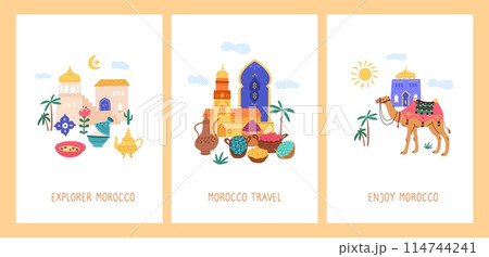 Morocco travel cards. Hot country. Touristic landmarks and traditional elements. National cuisine and architecture. Ancient palaces. Oriental bazaar. Bedouins camel. Garish vector set Morocco travel cards. Hot country. Touristic landmarks and traditional elements. National cuisine and architecture. Ancient palaces. Oriental bazaar. Bedouins camel. Garish vector set 114744241