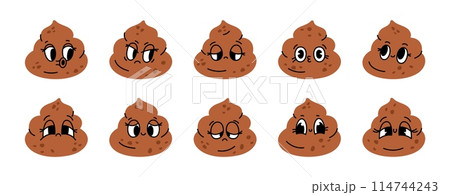 Poop emoticons. Cute kawaii excrement character with funny face. Comic toilet mascot. Fecal different moods and emotion expressions. Happy or angry feces. Twisted turd. Garish vector set 114744243