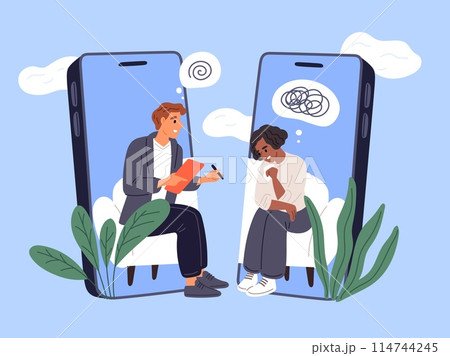 Psychologist talks to patient in mobile chat. Mental online psychological support. Remote consultation app. Conducting therapy. Smartphone call. Psychology help. Garish vector concept Psychologist talks to patient in mobile chat. Mental online psychological support. Remote consultation app. Conducting therapy. Smartphone call. Psychology help. Garish vector concept 114744245