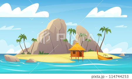Tropical island landscape. Sandy beach with rocks. Palm trees or mountains. Bungalows on stilts. Paradise summer vacation at sea. Ocean coast nature. Scenic seascape. Vector background 114744253