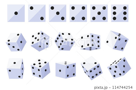 White casino dice. Gamble and board games. 3D cubes top and side view. Black dot numbers. Different angles positions. Square shapes. Craps and poker. Bone throwing. Gambling vector set 114744254
