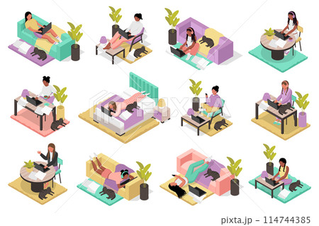 Work from home 3d isometric mega set. Collection flat isometry elements of people working at laptop online and sitting armchair or office desk and lying sofa or bed at home. Vector illustration. 114744385