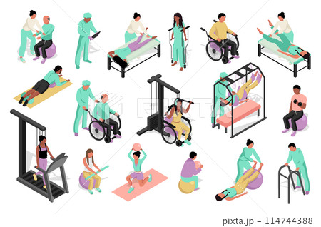 Rehabilitation exercises 3d isometric mega set. Collection flat isometry elements of injury people at recovery center, making physiotherapy procedure, physical trainings, massage. Vector illustration. Rehabilitation exercises 3d isometric mega set. Collection flat isometry elements of injury people at recovery center, making physiotherapy procedure, physical trainings, massage. Vector illustration. 114744388