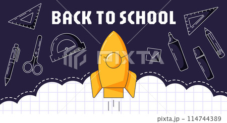 Back to school horizontal banner, vector minimalist design. School supplies and stationery, rocket launch. Education, learning, knowledge concept. For poster, web, flyer, business, event, party 114744389