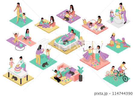 Mothers and kids activity 3d isometric mega set. Collection flat isometry elements of mom with child walking, playing, training, reading, cooking, celebrating, cycling together. Vector illustration. 114744390