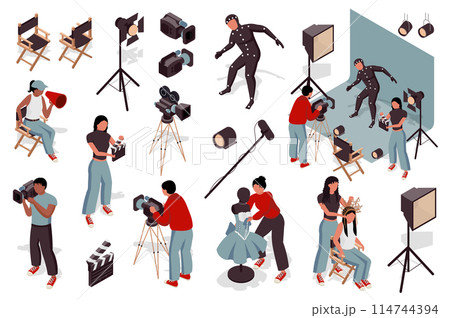 Cinematography 3d isometric mega set. Collection flat isometry elements of people making movie, actor at scene stage, camcorder operators, director, dresser and makeup artist. Vector illustration. 114744394