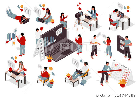 Business 3d isometric mega set. Collection flat isometry elements of people works at office, freelance workplace with laptops, teamwork meeting, employee deadline organization. Vector illustration. Business 3d isometric mega set. Collection flat isometry elements of people works at office, freelance workplace with laptops, teamwork meeting, employee deadline organization. Vector illustration. 114744398