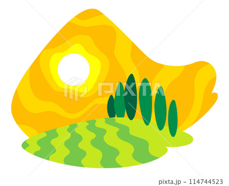 Nature sun icon. Colorful summer landscape isolated for template emblem. Ecological or nature symbol on white. Sunny summer vector illustration 114744523