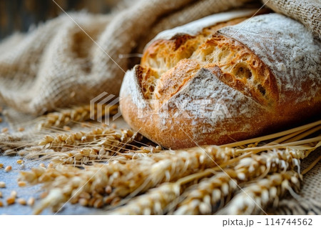 The concept of baking bread. Various breads and wheat varieties displayed on the table 114744562