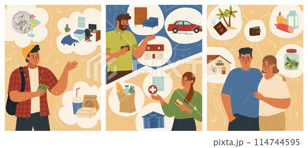 Family budget planning and bookkeeping scene set Family budget planning and bookkeeping scene set 114744595