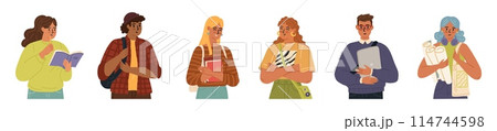 Young man and woman students cartoon characters set 114744598
