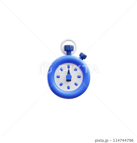 The stopwatch icon in 3D rendering is blue, highlighted on a white background 114744796