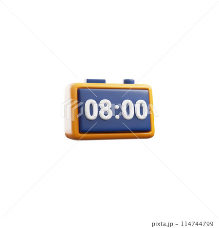 3D digital alarm clock displaying 08.00, electronic watch, sleeping or deadline timer, vector volume clock reminder icon 3D digital alarm clock displaying 08.00, electronic watch, sleeping or deadline timer, vector volume clock reminder icon 114744799
