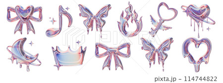3D gloss y2k icon set, cute romantic holographic sticker, futuristic reflective girly shapes. 3D gloss y2k icon set, cute romantic holographic sticker, futuristic reflective girly shapes. 114744822