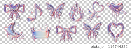 3D gloss y2k icon set, cute romantic holographic sticker, futuristic reflective girly shapes. 3D gloss y2k icon set, cute romantic holographic sticker, futuristic reflective girly shapes. 114744822
