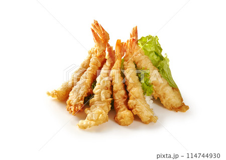 Tempura shrimp teepee with rice and fresh greens on white Tempura shrimp teepee with rice and fresh greens on white 114744930