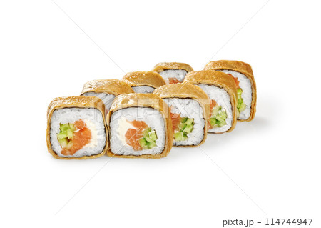 Japanese crepe sushi roll with salmon, cucumber and cream cheese 114744947