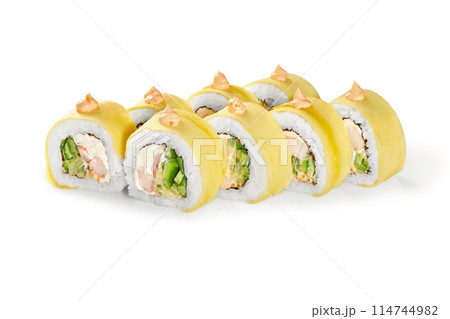Crab and cream cheese sushi rolls with mango on white 114744982
