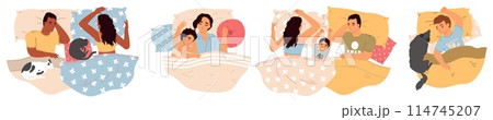 Relaxed sleeping family with children and pets top view 114745207