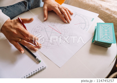 An astrologer draws with a pencil on a natal chart 114745257