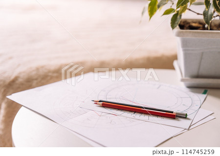 Natal chart on white paper with pencils on a table with a flower opposite the bed 114745259