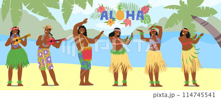 Group Of Hawaiian Dancers In Traditional Costumes And Joyful Expressions. Ukulele Players And Hula Performers Group Of Hawaiian Dancers In Traditional Costumes And Joyful Expressions. Ukulele Players And Hula Performers 114745541
