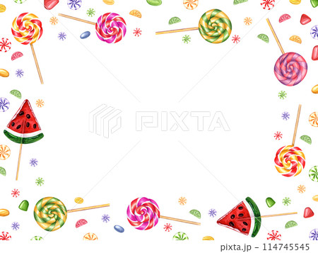 Sweet candy frame. Multicolored lollipops, small bonbons, gummy. Spiral caramels on stick. Copy space for text. Watercolor illustration isolated on white. For candy shop, label, cute kid greeting Sweet candy frame. Multicolored lollipops, small bonbons, gummy. Spiral caramels on stick. Copy space for text. Watercolor illustration isolated on white. For candy shop, label, cute kid greeting 114745545