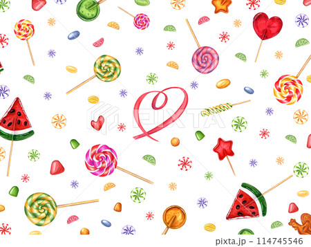 Lollipops on sticks. Candy bar. Cute greeting. Spiral lollipops, sugar watermelon caramel. Bonbons with striped swirls. Hard candy. Watercolor illustration. For birthday cards, store label Lollipops on sticks. Candy bar. Cute greeting. Spiral lollipops, sugar watermelon caramel. Bonbons with striped swirls. Hard candy. Watercolor illustration. For birthday cards, store label 114745546