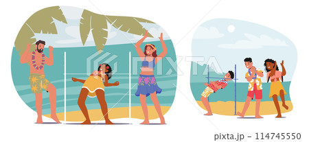 Friends At A Beach Limbo Dance Party. Multicultural Men And Women Laugh And Dance Under A Limbo Stick, Vector 114745550