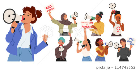 Diverse Women Using Megaphones To Advocate For Feminism And Equality. Each Character Displays Unique Style Diverse Women Using Megaphones To Advocate For Feminism And Equality. Each Character Displays Unique Style 114745552