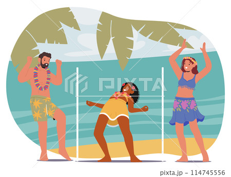 Diverse Friends Participating In A Limbo Dance At A Sunny Beach Party. Cartoon Vector Illustration Captures Summer Fun 114745556