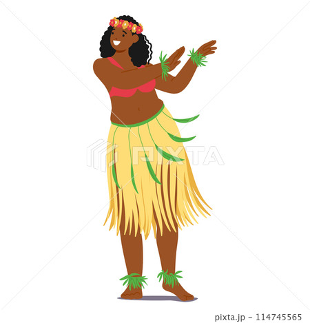 Hawaiian Dancer In Traditional Hula Attire, Performing A Native Dance With Enthusiasm. Featuring A Floral Headdress Hawaiian Dancer In Traditional Hula Attire, Performing A Native Dance With Enthusiasm. Featuring A Floral Headdress 114745565