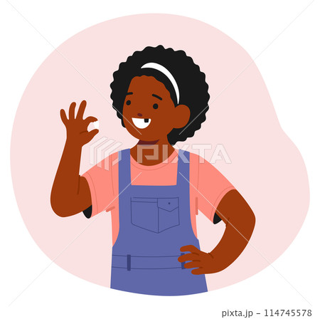 Cheerful Young Girl With Curly Hair Proudly Shows Off Her Missing Milk Tooth. Kid Delights In Her New Smile, Vector Cheerful Young Girl With Curly Hair Proudly Shows Off Her Missing Milk Tooth. Kid Delights In Her New Smile, Vector 114745578