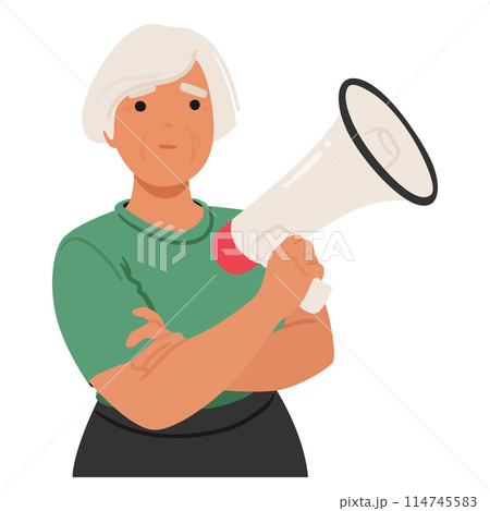 Mature Woman with Bullhorn. Character Confidently Holding A Megaphone. Cartoon Vector Illustration Portrays Leadership 114745583