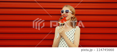 happy smiling young woman with fresh juicy fruits, lollipop or ice cream shaped slice of watermelon happy smiling young woman with fresh juicy fruits, lollipop or ice cream shaped slice of watermelon 114745660