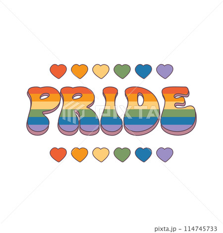 Groovy rainbow lettering Pride word. Retro vintage slogan LGBT and LGBTQ. Funky quote old style. Trendy hippie pride print design for posters, cards, tee and covers in retro groovy 60s 70s style Groovy rainbow lettering Pride word. Retro vintage slogan LGBT and LGBTQ. Funky quote old style. Trendy hippie pride print design for posters, cards, tee and covers in retro groovy 60s 70s style 114745733