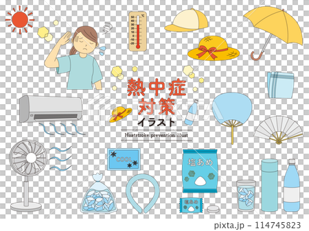 Set of illustrations of heat stroke prevention goods_with main lines 114745823