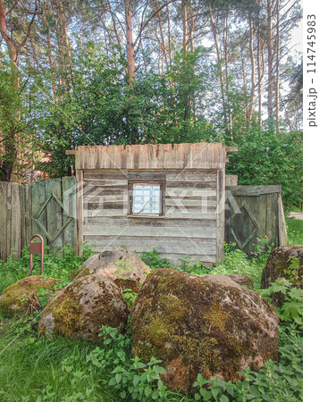 Small wooden house with fake window standing in woods behind a huge boulder covered with moss surrounded by green grass Small wooden house with fake window standing in woods behind a huge boulder covered with moss surrounded by green grass 114745983