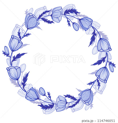 Tulips circle frame for wedding card or invite. Vector illustration, blue ink hand drawn spring blue ink flower 114746051