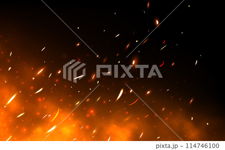 Fire sparks. Realistic flame background. Bright flying particles. Heat with glowing effect. Red fire with sparks. Bonfire flying up. Orange sparkling fireplace. Vector illustration 114746100