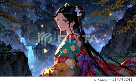 夜の森でライトアップされた着物の女性のイラスト素材 [114746241] - PIXTA