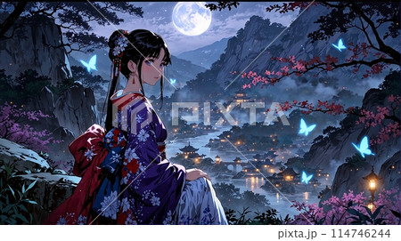 夜の森の中で青く光る青い着物の女性のイラストのイラスト素材