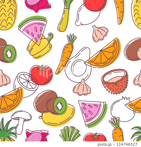Doodle vegan seamless pattern. Fruits and vegetables, hand drawn style fresh food. Kitchen fabric print design, neoteric vector background 114746527