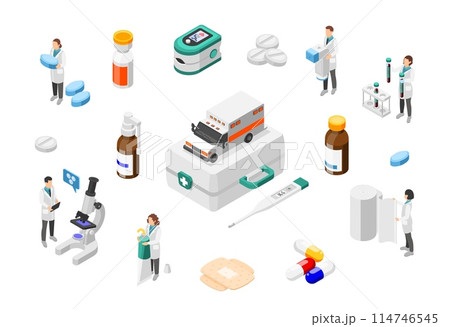 Isometric pharmacy industry. Medical characters with medications, first aid kit and ambulance. Laboratory and hospital elements, flawless vector set Isometric pharmacy industry. Medical characters with medications, first aid kit and ambulance. Laboratory and hospital elements, flawless vector set 114746545