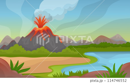 Volcano eruption landscape. Natural disaster in green valley. River, forest silhouette and mountain with lava and fire fountain, neoteric vector scene Volcano eruption landscape. Natural disaster in green valley. River, forest silhouette and mountain with lava and fire fountain, neoteric vector scene 114746552