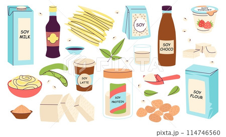 Soy products. Green beans and protein, powder and vegetable drinks with cacao. Alternative milk, sauce and tofu. Soybeans decent vector set 114746560